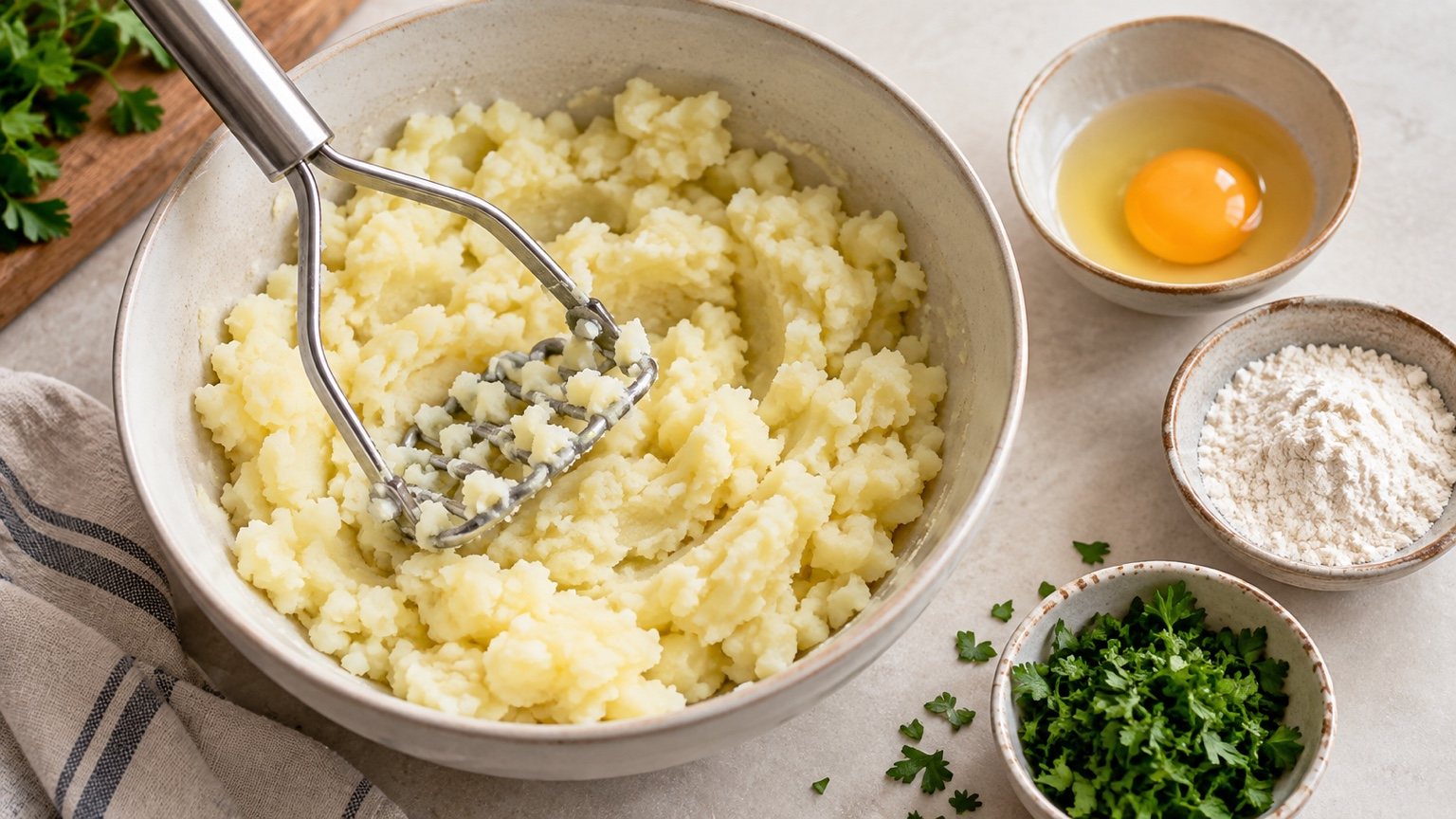Размятый картофель в миске, рядом яйцо, мука и зелень
